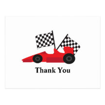 Red Race car with Chequered Flags Post Cards