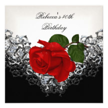 RED Rose 40th Birthday Lace Black White Silver Personalized Announcements