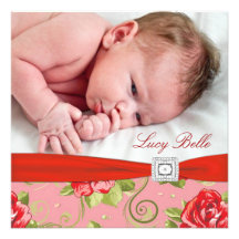 Red Rose Chintz Pink Rose Baby Girl Photo Birth Personalised Announcement