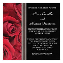 Red Rose Wedding Invitation w Gray Ribbon Accents