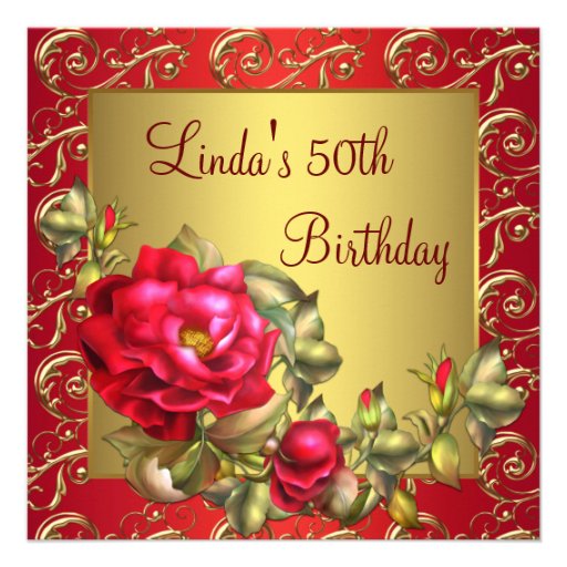 Red Roses Womans 50th Birthday Party Invite