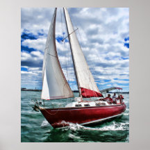 Red Sailboat, Blue Sky, Green Sea Poster