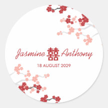 Red Sakuras Double Happiness Wedding Favour Sticke