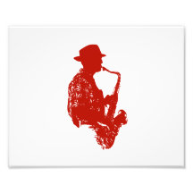 Red sax player side view outline wearing hat photographic print