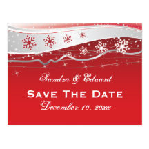 Red, silver grey snowflake wedding Save the Date Postcard