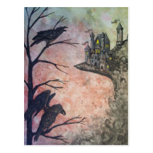 Red Sky Ravens and Castle postcard