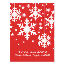 Red Snowflakes and Stars Save the Date Postcard