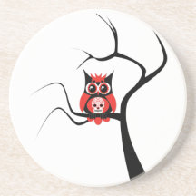Red Sugar Skull Owl in Tree Coaster