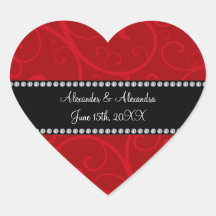 Red swirls wedding favors heart sticker