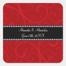 Red swirls wedding favors square sticker