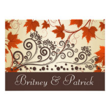 Red Taupe Brown  Fall Leaves Wedding Invitations