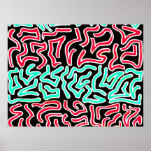 Red teal on black background abstract design print