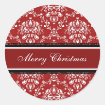 Red White Damask Merry Christmas Stickers