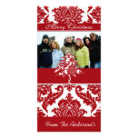 Red & White Damask Pine Holiday Family Pictures Custom Photo Card
