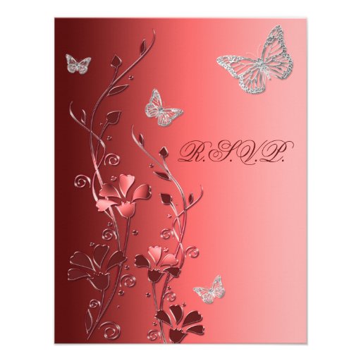 Red with Silver Butterflies on Linen Reply Card Invitations