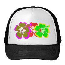 red,yellow,blue,brown hibiscus flowers trucker hats