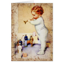 Redhead Baby Boy Blowing Horn to Soldiers Greeting Cards
