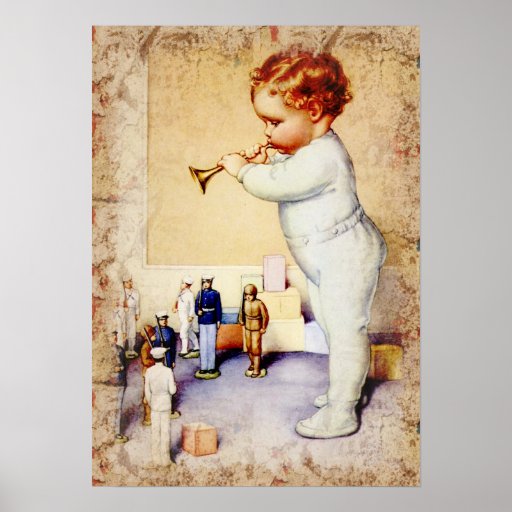 Redhead Baby Boy Blowing Horn to Soldiers Posters