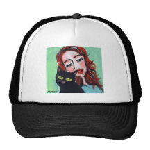 Redhead with black cat love trucker hats
