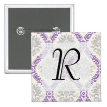 regal purple grey and cream damask design button