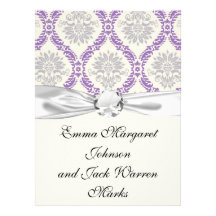 regal purple grey and cream damask design personalized invitations