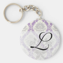 regal purple grey and cream damask design key chains