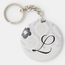 regal purple grey and cream damask design key chain