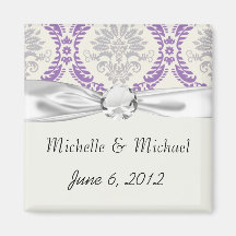 regal purple grey and cream damask design magnet