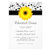 Rehearsal Dinner Yellow Gerbera Daisy Black Scroll Announcement