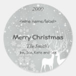 Reindeer on Silver Christmas Wine Labels Round Sticker