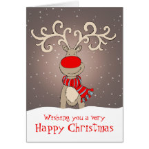 Reindeer with red nose Christmas card soft grey