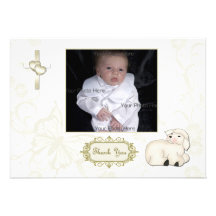 Religious Lamb, Cross, Tan Floral Photo Card Custom Invites