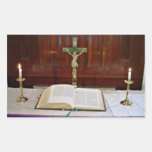 Religous Altar with Bible, Cross and Candles Rectangular Sticker