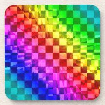 Retro 80s punk rainbow check pattern beverage coaster