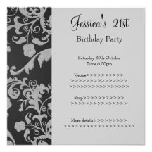 Retro Black Grey Metallic Floral 21st Birthday 4 Personalized Invitations