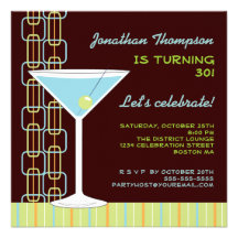 Retro Blue Martini Birthday Party Invitation
