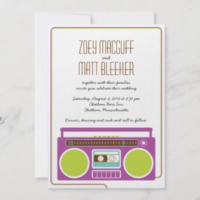 Retro Boombox Indie Mixtape Wedding Purple Lime Personalised Invitation by 