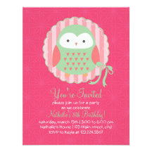 Retro Cute Owl Pink & Green Girly Birthday Party Personalised Announcement
