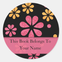 Retro Flowers Personalised Bookplates : Pink stickers