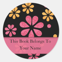 Retro Flowers Personalised Bookplates : Pink Stickers