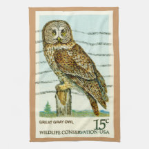 Retro Great Grey Owl Hand Towel