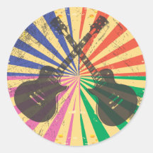 Retro Grunge Guitars on starburst background Round Sticker