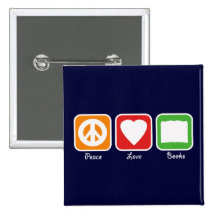 Retro Peace, Love, Books Button (Dark)