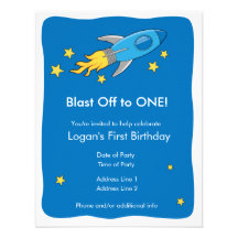 Retro Rocket Ship Blast Off Birthday Invitation