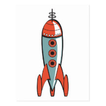 retro space rocket post card