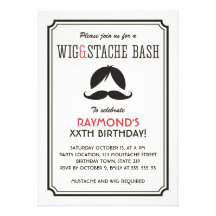 Retro stripes wig and moustache bash birthday part personalized announcements