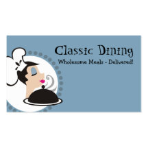 Retro woman chef with steaming dome platter business card template