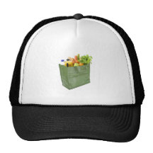 Reusable shopping bag full of groceries hats