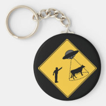 Road Sign- Cow and UFO Keychain