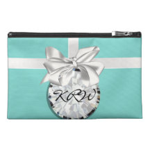 Robin Egg Blue White Ribbon Monogram Accessory Bag